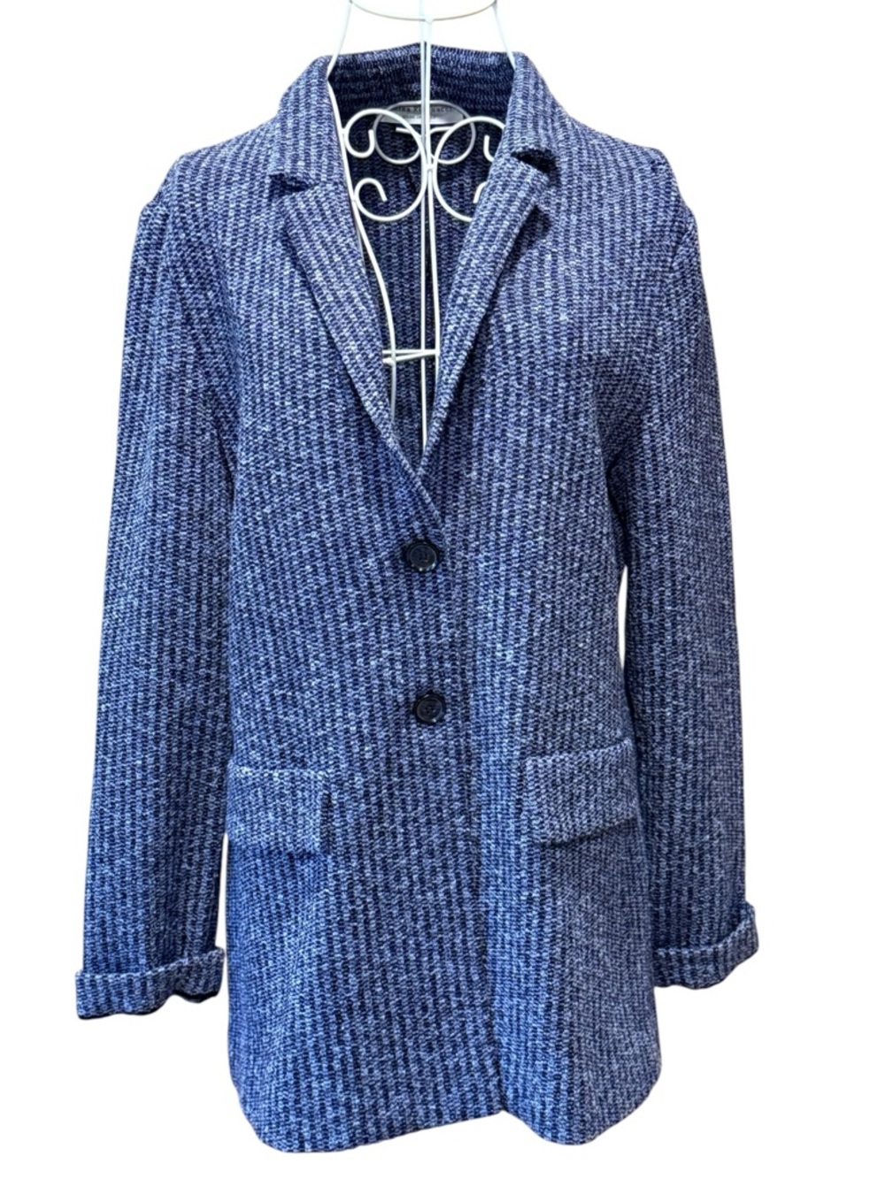Amina Rubinacci Navy Blue Boucle Knit Blazer Italy Notched Lapel Size 12